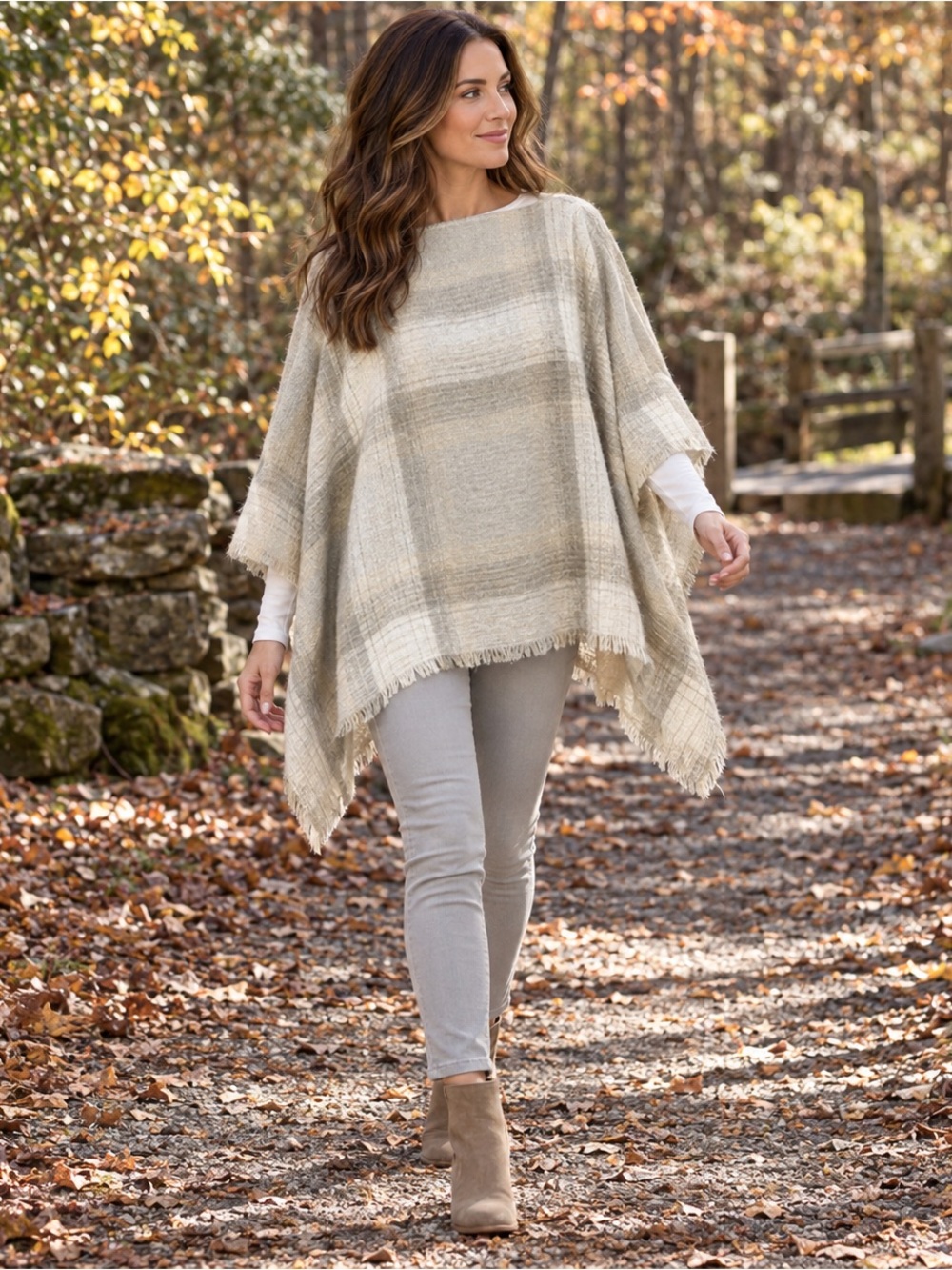 J. Jill Plaid Fringe Poncho Sweater Beige Cream Gray One Size S-L